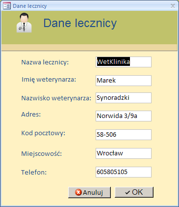 Dane lecznicy Ekran dane lecznicy służy do edycji danych lecznicy, które