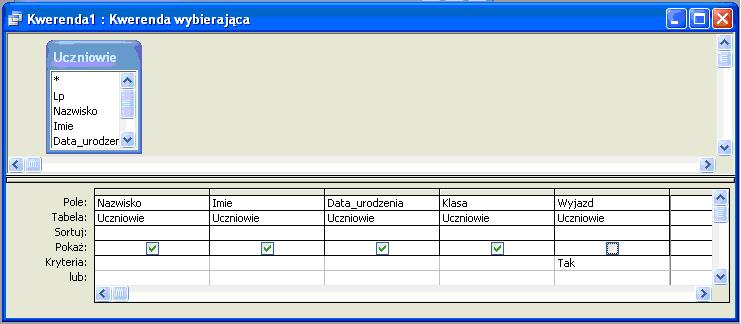 c) Wybieramy tabele na podstawie których zbudujemy kwerendę. d) Wybieramy pola kwerendy i określamy warunki jakie muszą spełniać rekordy w kwerendzie, aby znalazły się w wyniku kwerendy.