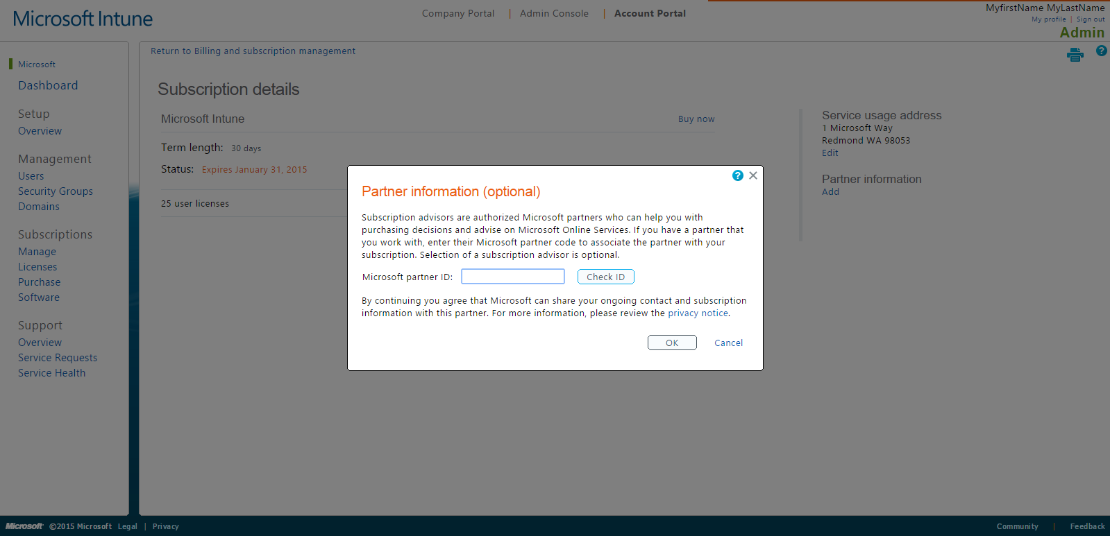Customer Action Within the Subscription Details area and under Partner information the customer selects Add 1 1.