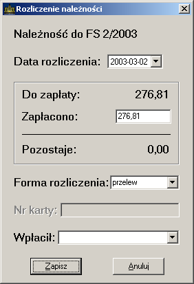 j rozliczenia jest zawsze data aktualna, jednakŝe istnieje moŝliwość jej zmiany. PoniŜej podana jest kwota naleŝności. W polu zapłacono jest wyświetlana domyślnie pełna wartość naleŝności.