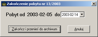 j Rys.17. Okno zakończenia pobytu. Zakończenie pobytu powoduje zwolnienie wynajmowanych pokoi zgodnie z datą końcową. Z funkcji tej moŝna korzystać równieŝ na kalendarzach rezerwacji i pobytów.