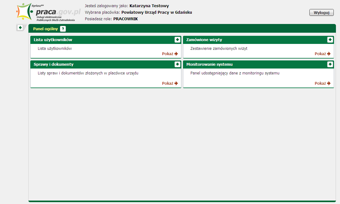 1.3 Panel ogólny Układ obszaru roboczego Użytkownik po zalogowaniu się ma dostęp do głównego panelu użytkownika. Po zalogowaniu się do modułu wyświetly jest panel główny użytkownika.