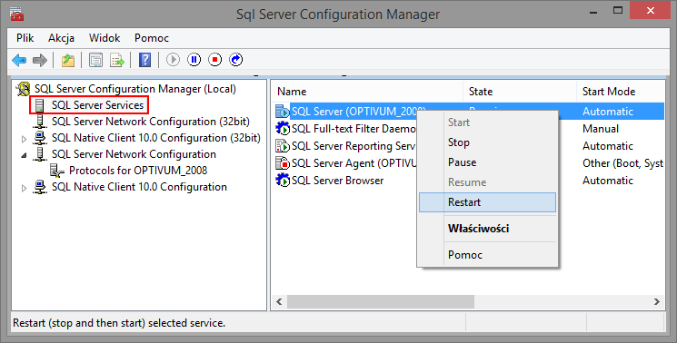 Co zrobić, jeśli program Optivum nie łączy się poprzez sieć lokalną z serwerem SQL? 12/12 7. Zrestartuj serwer SQL.