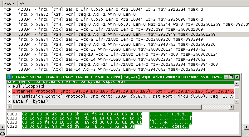 Mimo że przesłaliśmy tylko dwa komunikaty, doszło do wymiany kilkunastu pakietów. Kolejne fazy komunikacji to: 1. Ustawienie sesji TCP - pakiety 3, 4 i 5, stanowiące tzw. three-way handshake. 2.