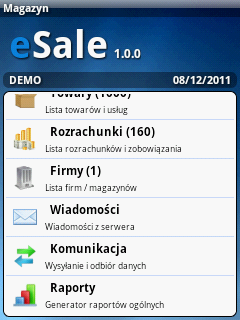 LISTA FUNKCJONALNOŚCI SYSTEMU MOBILNEGO esale Android Ekran główny: Dokumenty lista zatwierdzonych dokumentów Kontrahenci lista klientów Towary lista asortymentowa Rozrachunki lista należności i