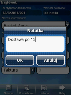 Wprowadź informację dodatkową. Naciskając przycisk Notatka możesz wprowadzić dodatkowe informacje związane z nagłówkiem dokumentu.