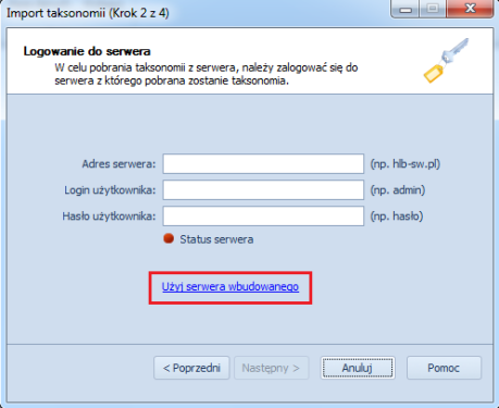 2. Strona Logowanie do serwera": Wybieramy link Użyj serwera wbudowanego". 3.