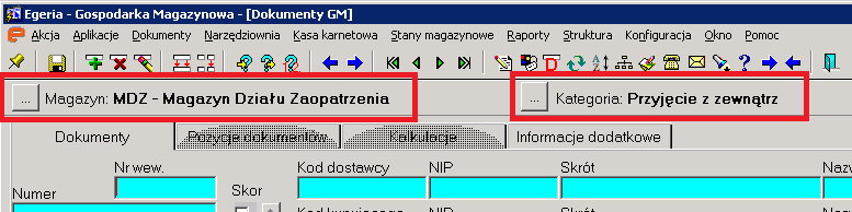 2. Utworzenie nowego nagłówka dokumentu Domyślnie wybierany jest magazyn zdefiniowany w wartościach domyślnych oraz kategoria dokumentów.