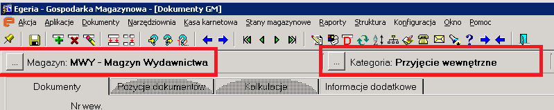 Formularz wywołany zostaje w trybie zapytania. 2. Utworzenie nowego nagłówka dokumentu Domyślnie wybierany jest magazyn zdefiniowany w wartościach domyślnych oraz kategoria dokumentów.