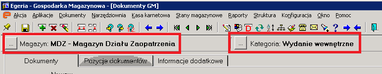 Formularz wywołany zostaje w trybie zapytania. 2. Utworzenie nowego nagłówka dokumentu Domyślnie wybierany jest magazyn zdefiniowany w wartościach domyślnych oraz kategoria dokumentów.