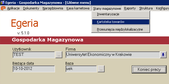 Pojawi się okno startowe Egerii z listą dostępnych aplikacji. Należy wybrać aplikację Gospodarka Magazynowa; nastąpi przejście do głównego menu modułu Gospodarka Magazynowa.