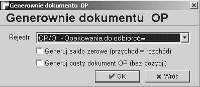 Po wybraniu opcji generowania pojawia się następujący formularz: Na formularzu wybieramy rejestr, na którym ma być generowany dokument OP.