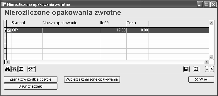 opakowania zwrotne. Zostaną przywołane wszystkie nierozliczone pozycje z dokumentów OP wybranego kontrahenta. Pozycję można również wprowadzić ręcznie.