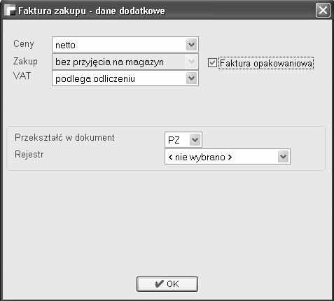 4.3. Faktura opakowaniowa zakupu Fakturę opakowaniową zakupu wystawia się na formularzu dokumentu zakupu.