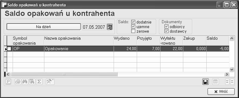 5.2.3. Saldo opakowań u Kontrahenta Analiza indywidualna klienta, dostępna z poziomu kartoteki Kontrahentów- >F12->Saldo opakowań u kontrahenta.