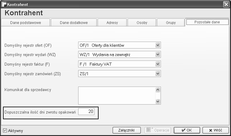 Program daje możliwość przypisania poszczególnym kontrahentom dopuszczalnej ilości dni zwrotu opakowań, po upływie których powinna być wystawiona faktura opakowaniowa.
