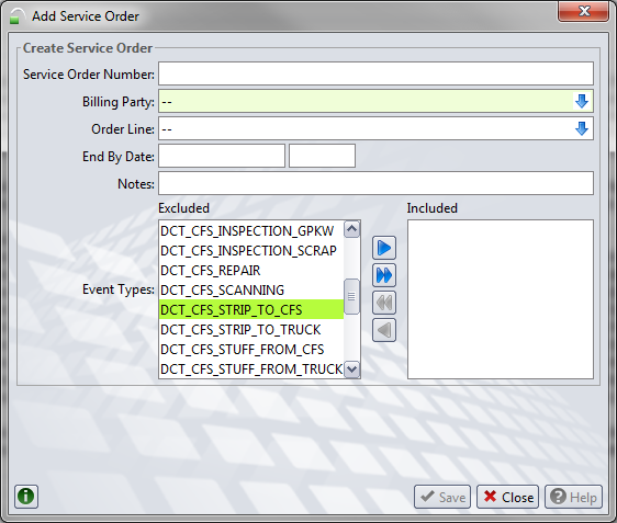 Import Krok 3 W oknie Add Service Order należy wypełnić pola według poniższej instrukcji: Service Order Number należy wpisać aktualny rok; Billing Party należy wybrać kod Spedycji, np.