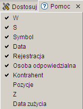 Uwaga: Brak znaczenia jakiejś pozycji w tym menu powoduje ukrycie danej kolumny nie będzie ona widoczna w oknie polecenia.