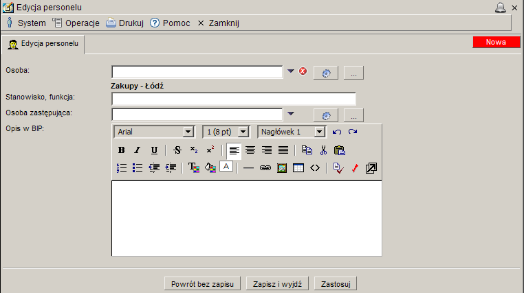 Okno początkowo jest puste. Aby wprowadzić dane osoby upoważnionej do korzystanie z danego rejestru należy kliknąć menu Operacje a następnie Dodaj, spowoduje to otwarcie okna Edycja personelu.
