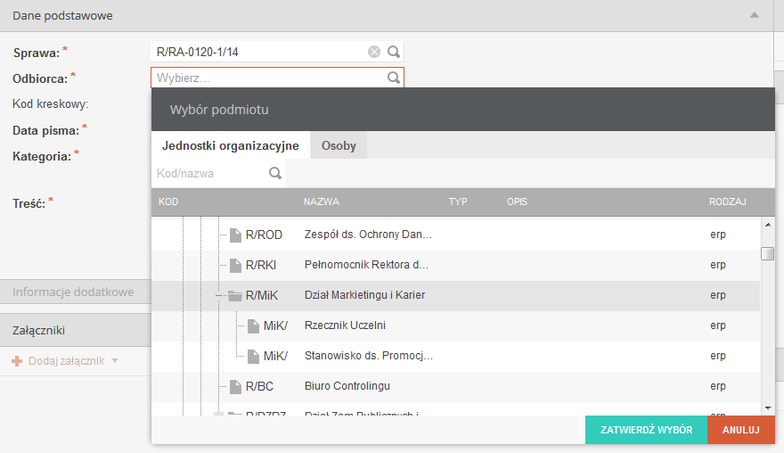 Rysunek 32 Formularz wyboru/dodawania sprawy do pisma Odbiorca Pole wymagane, opisuje podmiot będący