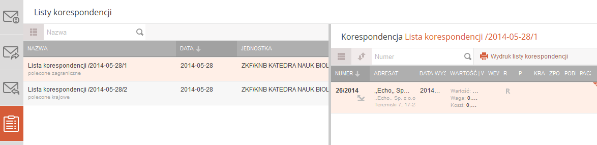 2.7.5 Listy korespondencji W panelu prezentowane są wygenerowane listy korespondencji wychodzącej.