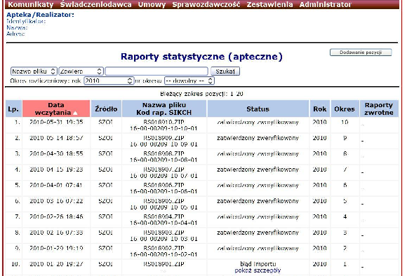 RAPORTY STATYSTYCZNE (APTECZNE) Przesłane do OW NFZ pliki raportów statystycznych aptecznych (RS*.
