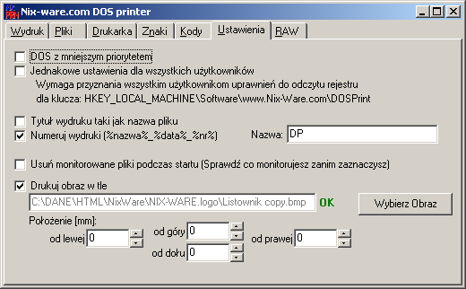 Nix-Ware.com DOS printer emulator strona 10 Poziomo przełącza orientację strony zmienia na drukowanie w poziomie, 1-48 linii/cal ustawia liczbę drukowanych linii na cal.