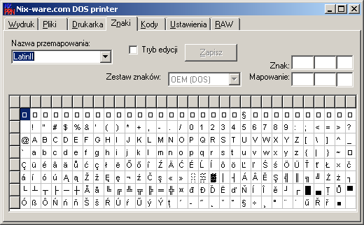 Nix-Ware.com DOS printer emulator strona 7 znaki w systemie Windows. W przypadku braku gotowego zestawu znaków możlwe jest stworzenie własnego przekodowania.