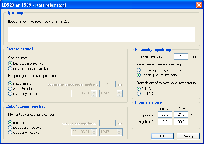 - Opis misji. Okno do wprowadzenia dowolnego tekstu opisującego rozpoczynaną rejestrację. Opis ten będzie przechowywany w pamięci LB-520.