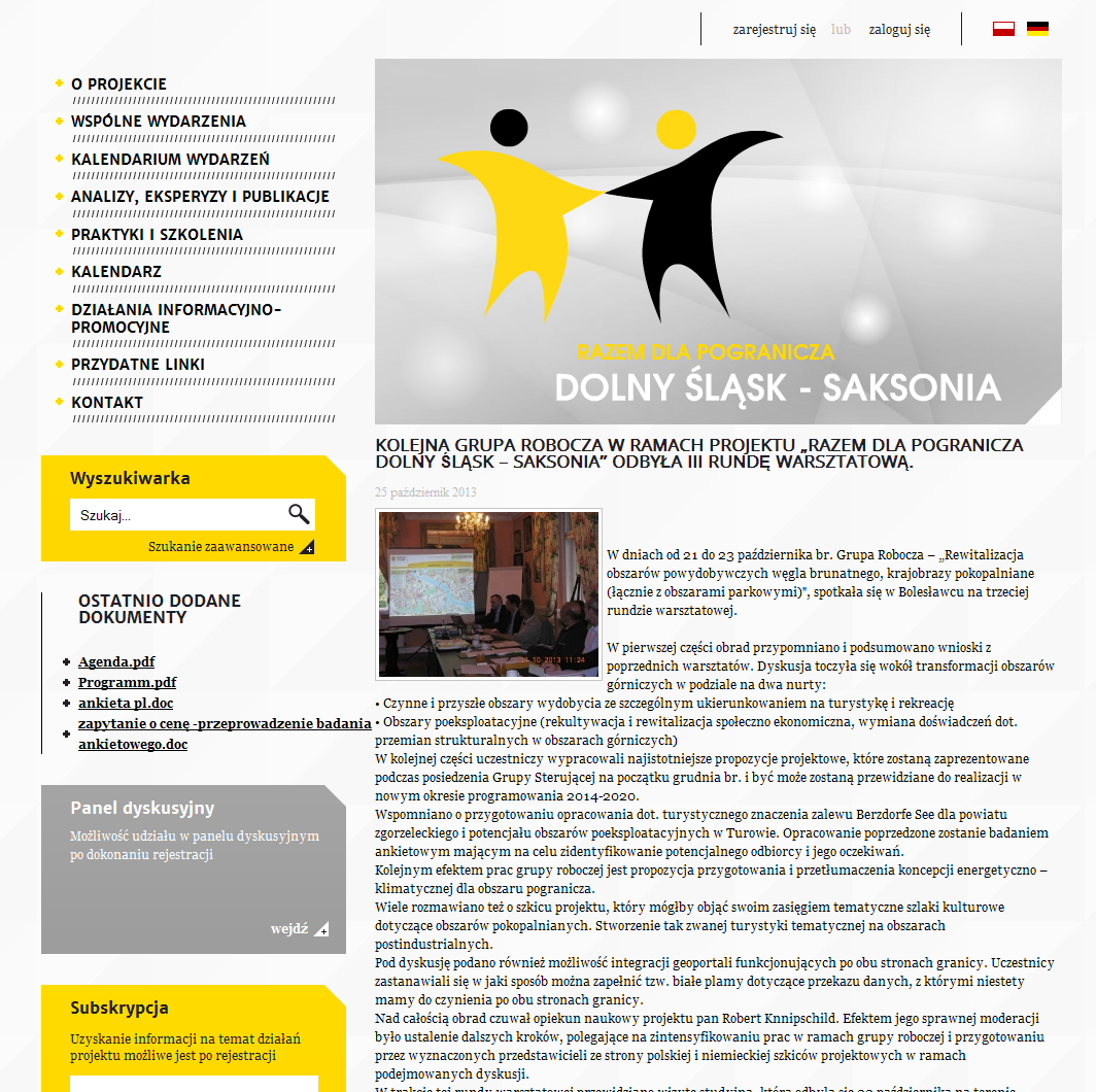 1. Projekt Razem dla pogranicza geneza, koncepcja, ewaluacja 21 Ilustracja 11: Polska wersja strony internetowej projektu Razem dla pogranicza Dolny Śląsk Saksonia (Źródło: UMWD, SMI) spotkania