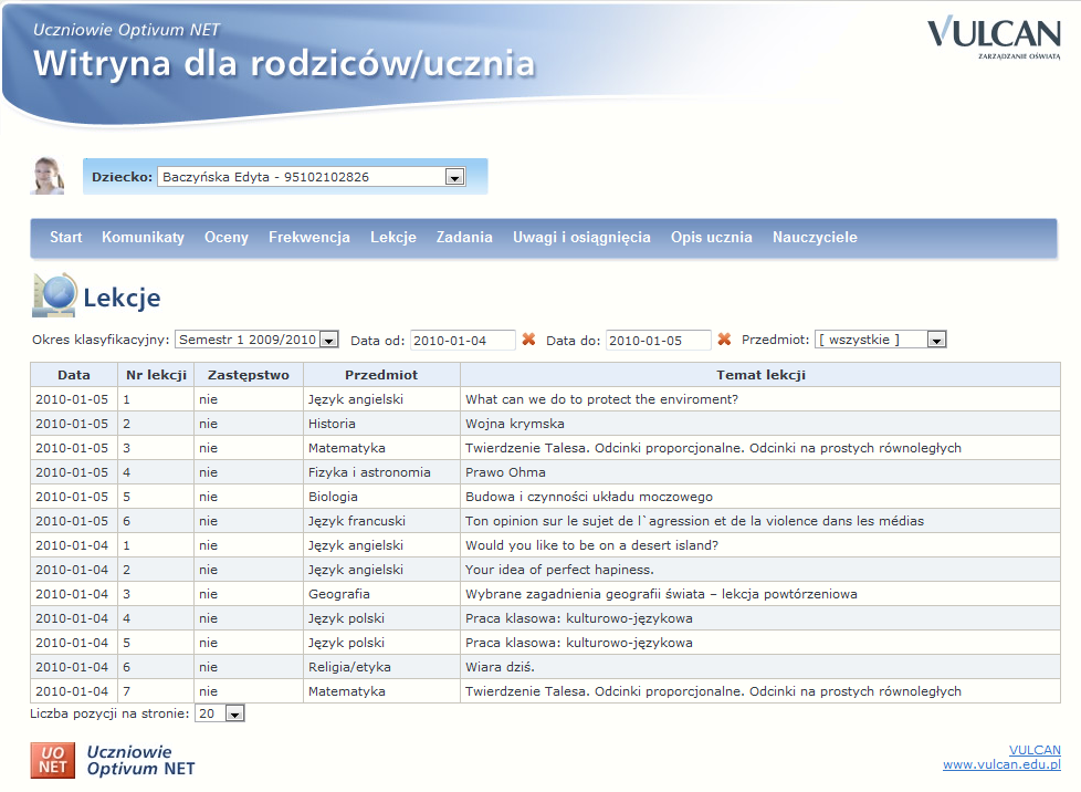 e) LEKCJE- na tej zakładce można zobaczyd jakie tematy były omawiane na lekcjach.