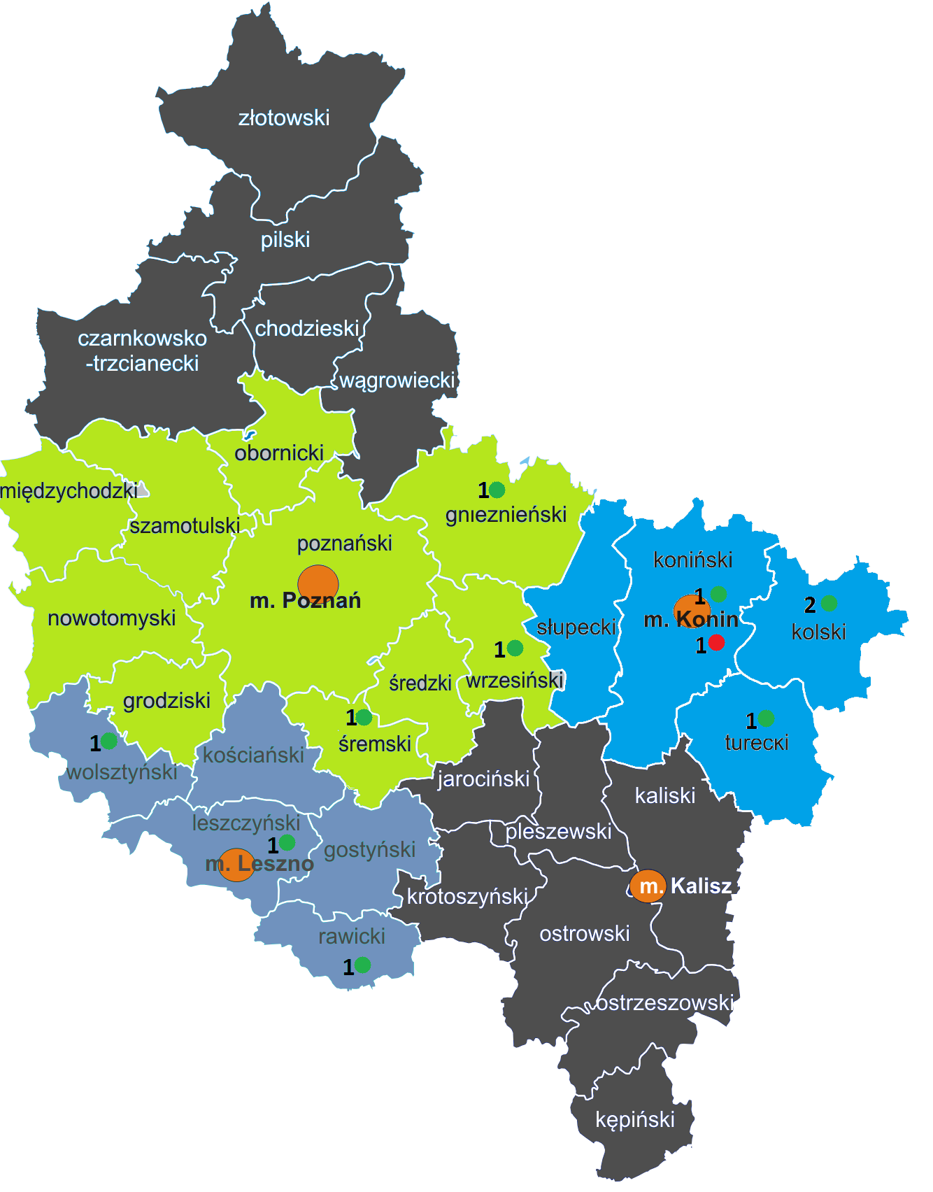 PROGRAM PROFILAKTYKICHORÓB ODTYTONIOWYCH W TYM POCHP dane statystyczne Mapa przedstawia liczbę świadczeniodawców realizujących program profilaktyki chorób odtytoniowych w tym POCHP w 2015 roku w