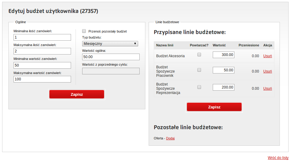 Na powyższym przykładzie zdefiniowane są linie budżetowe Budżet Akcesoria, Budżet Spożywcze Pracownik, i Budżet Spożywcze Reprezentacja o wartościach kolejno: 300, 50 i 200 zł.