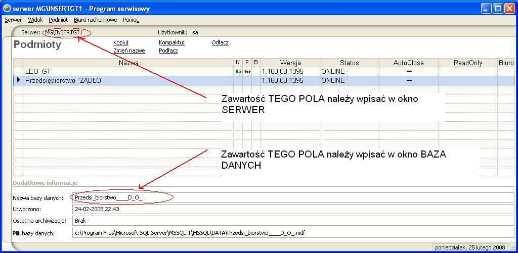NaleŜy nacisnąć OK, następnie wypełnić odpowiednie pola: Serwer: Baza danych: Login i hasło: nazwę serwera SQL i instancji (np.