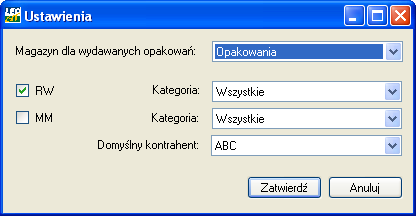 Jako uŝytkownika podajemy nazwisko i imię (w tej kolejności) uŝytkownika, który będzie widniał jako wystawiający na automatycznych dokumentach WZ z opakowaniami.