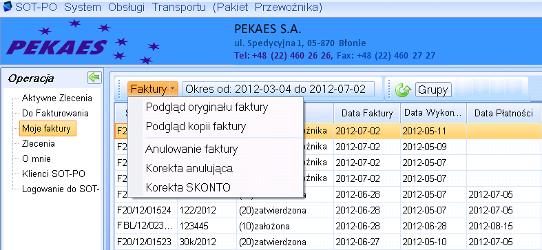 4.1. Klawisz ekranowy Faktury Pod klawiszem dostępne są funkcje podglądu dokumentów faktury i korekt.