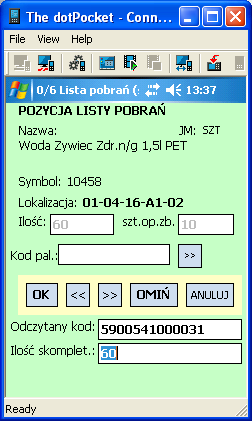 Aplikacja wyświetli listę towarów i ich ilości jakie należy skompletować.