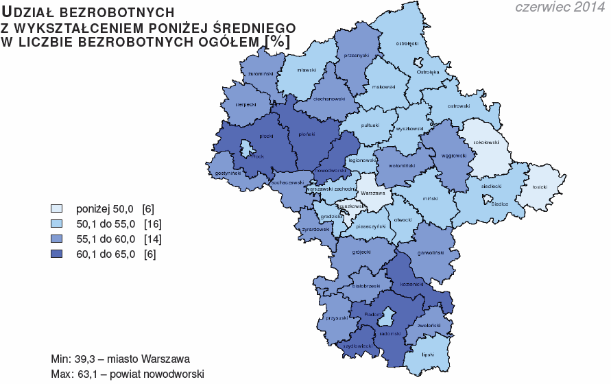 4.2. Bezrobotni według poziomu wykształcenia Nadal jedną z przyczyn utrudniających znalezienie pracy jest niski poziom wykształcenia i kwalifikacji zawodowych. Na koniec czerwca 2014 r.