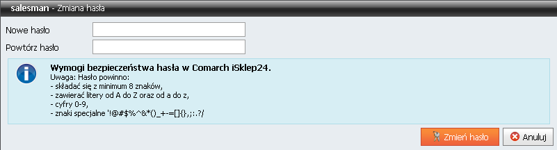 Aktywację należy zatwierdzić przyciskiem. Anulowanie odbywa się za pomocą przycisku Zmiana hasła. Domyśle hasło dla administratorów typu Salesman i Webmaster to admin.