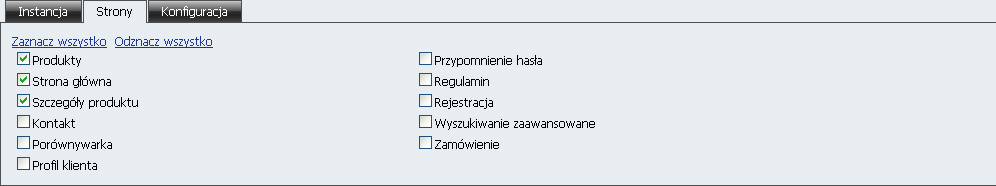 Zakładka Instancja Zakłada Instancja składa się z następujących obszarów: Nagłówek - służy do zdefiniowania nagłówka pluginu (z podziałem na wersje językowe), który wyświetla się po stronie sklepu.