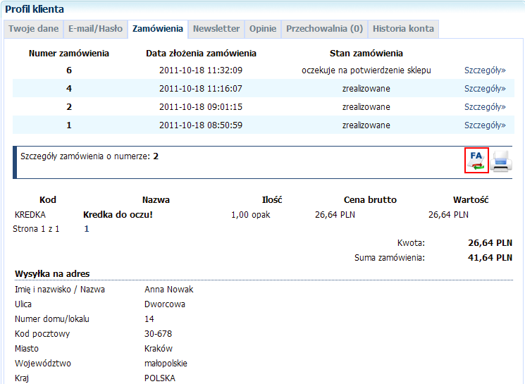 W Profilu Klienta w zakładce Zamówienia