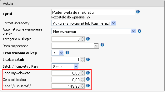 Cena towaru - w obszarze Aukcja należy określić cenę wywoławczą, cenę minimalną oraz cenę Kup teraz. Zdjęcia w obszarze Zdjęcia wyświetlają się wszystkie zdjęcia towaru przesłane z systemu ERP.