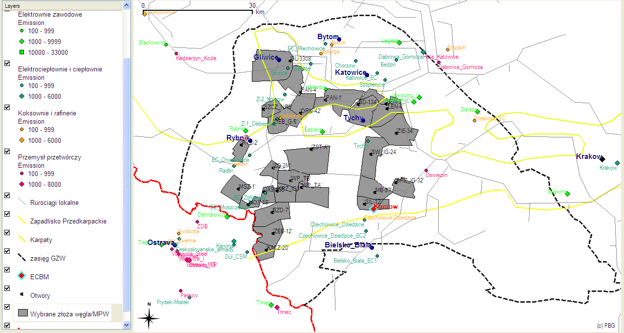 Geologiczne składowanie CO2 Głębokie pokłady węgla Wybrane złoża węgla/mpw poza zasięgiem bieżącej eksploatacji górniczej, o potencjale
