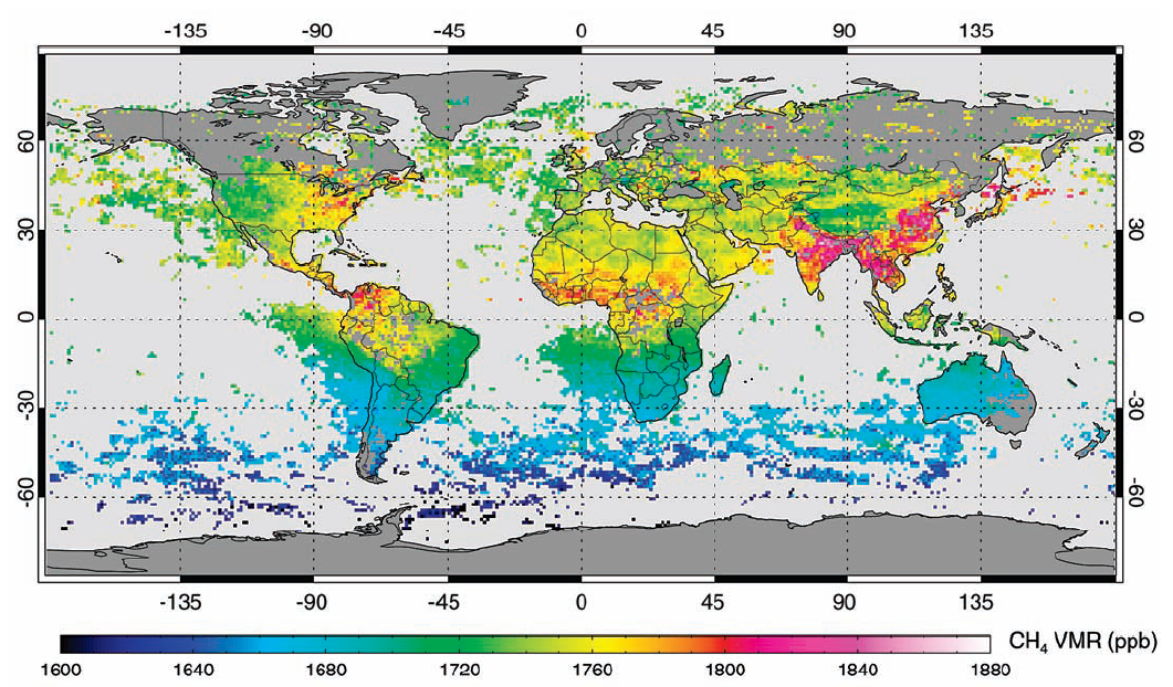 Geografia metanu: obserwacja Koncentracja metanu zmierzona sensorem SCIAMACHY satelity ENVISAT.