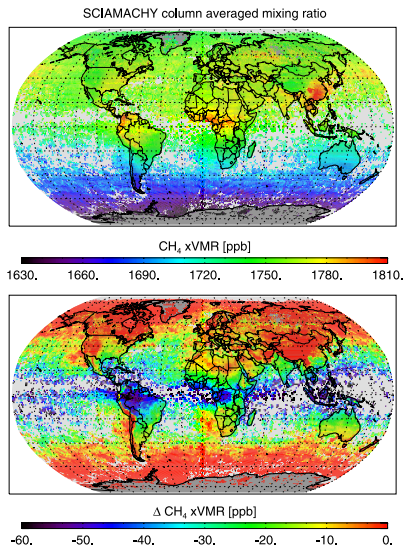 Geografia metanu: poprawka Po opublikowaniu klimatologii koncentracji metanu zmierzonej sensorem SCIAMACHY satelity ENVISAT okazało się, że cześć sygnału (szczególnie w tropikach) spowodowane było