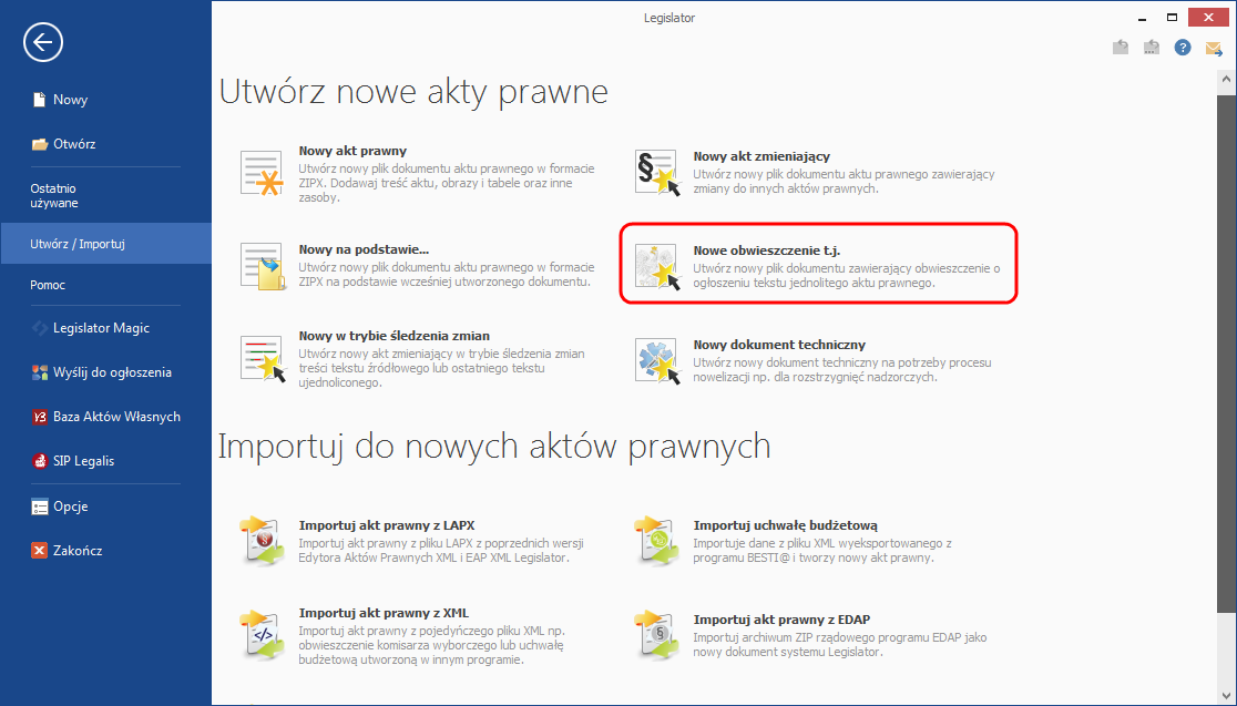 Obwieszczenie z tekstem jednolitym Automatyczne tworzenie obwieszczeń z tekstami jednolitymi Jeżeli wszystkie kolejne zamiany aktu, były tworzone w sposób omówiony w poprzednich krokach, to na