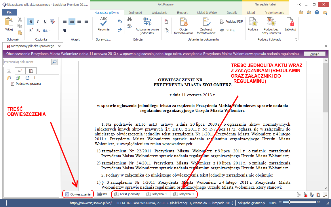 Zostanie otwarte okno projektu dokumentu z wygenerowanym obwieszczeniem: W pierwszej