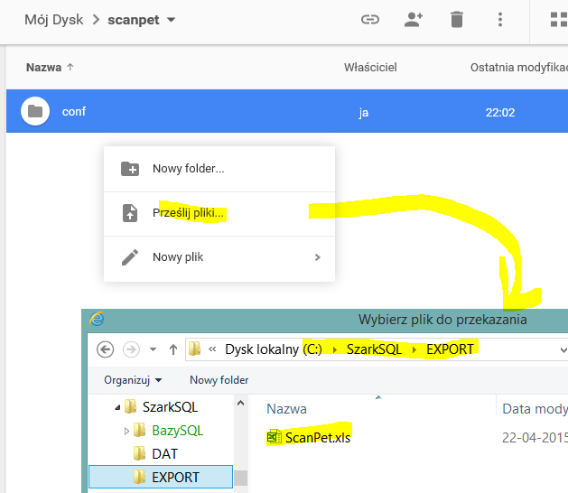 Rysunek 15. Pobranie pliku na dysk Google do katalogu scanpet (menu podręczne prawy przycisk myszki). Poniżej opis załadowania utworzonego pliku na smartfonie.