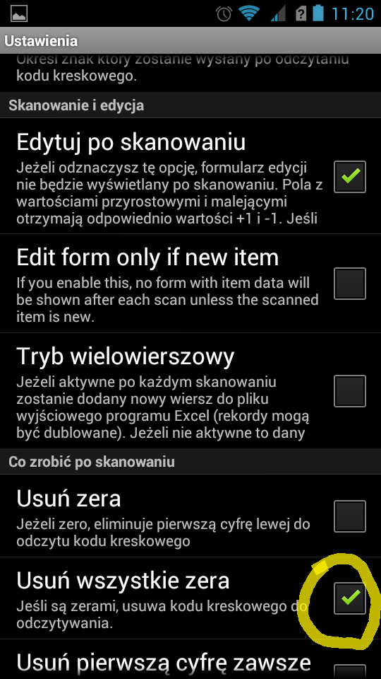 Rysunek 18. Włączenie opcji usuwania początkowych znaków 0 (zero) z kodu kreskowego. 4.