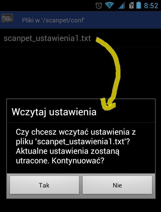 Jeżeli plik konfiguracyjny będzie dostępny w podkatalogu /scanpet/conf w urządzeniu, możliwe będzie wczytanie konfiguracji kolumn wymaganej przez program Sz@rk ST.